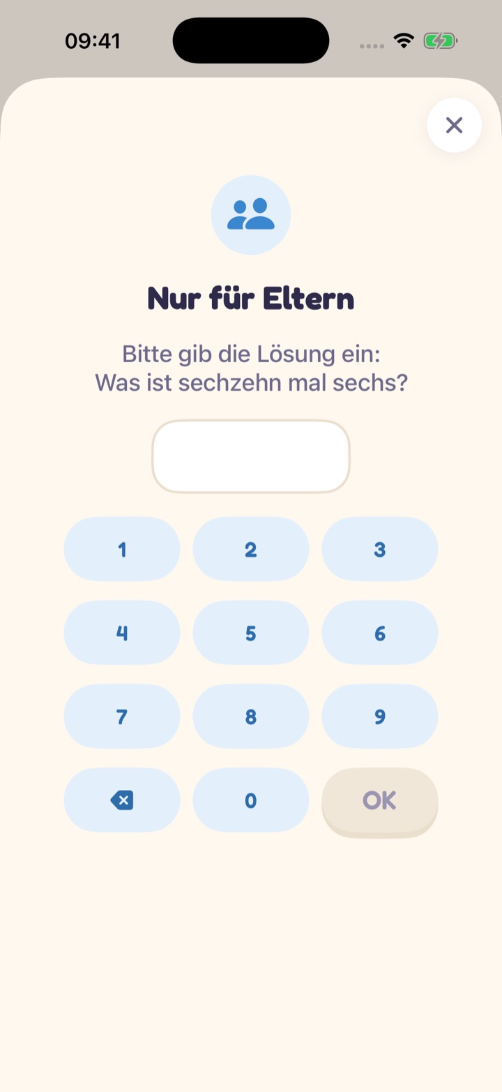 Die Elternschranke: „Nur für Eltern“ und die Frage „Was ist sechzehn mal sechs?“ mit einem Zahlenfeld zum Eintippen.