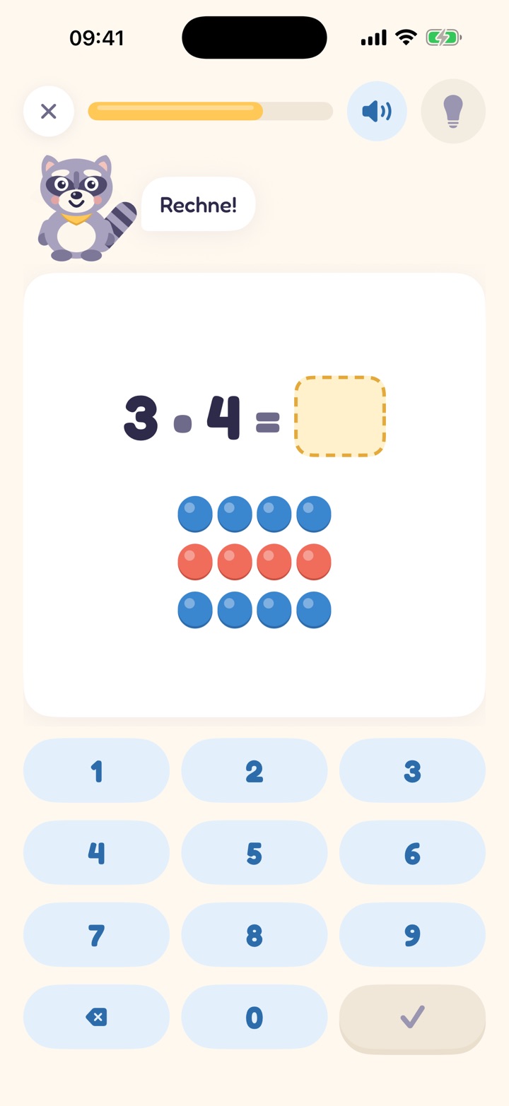 Eine Malaufgabe: 3 · 4 = ?. Darunter drei Reihen mit je vier Nüssen, abwechselnd blau und rot. Unten das Zahlenfeld.